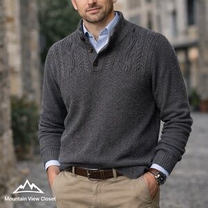 Ted Baker (5)L/XL London Grey Cable Knit Henley Sweater | Dark Academia Menswear